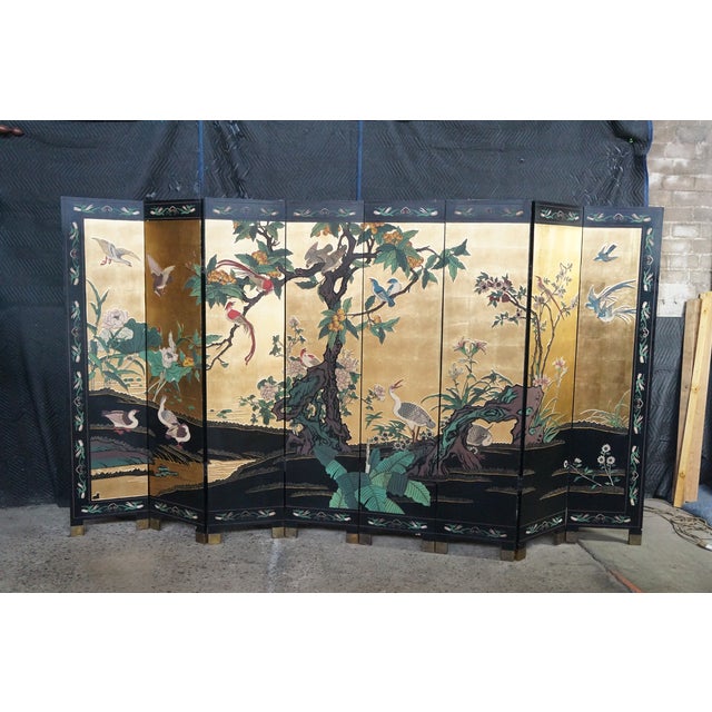 Paint Chinese Export 8 Panel Coromandel Gold Leaf Lacquer Folding Screen Room Divider For Sale - Image 7 of 18
