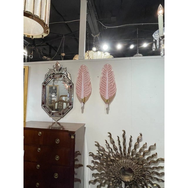 Italian Pink Murano Glass & Brass Leaf Form Wall Sconces - A Pair For Sale - Image 3 of 8