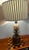 Adorable Midcentury Ship in a Bottle Lamp with Newly Recovered Barrel lampshade in Schumacher Birdie Ticking in Indigo....