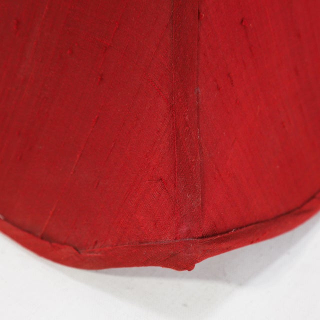 Red Pair of Vintage Red Textured Raw Silk Bell Lamp Shades With Brass-Toned Lining For Sale - Image 8 of 14