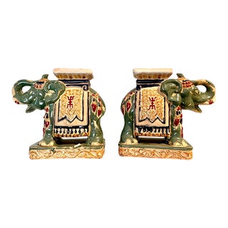Vintage 1970s Pair of Colorful Glazed Ceramic Elephant Bookends For Sale