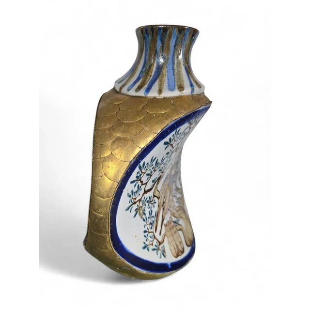 Superb Mexican porcelain vase, finely hand-painted, featuring a chameleon on one side and a majestic eagle on the other,...