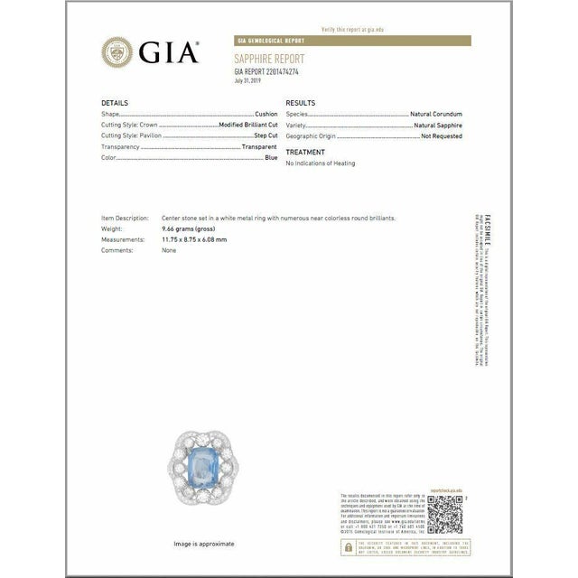 GIA Natural 9.66CTS VS F Diamond No Heat Blue Sapphire 750 18K Gold Cocktail Ring, size 6.5 For Sale - Image 11 of 11