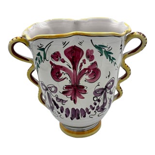 Vintage Italian Faience Majolica Pottery Art Nouveau Hand-Painted Vase For Sale