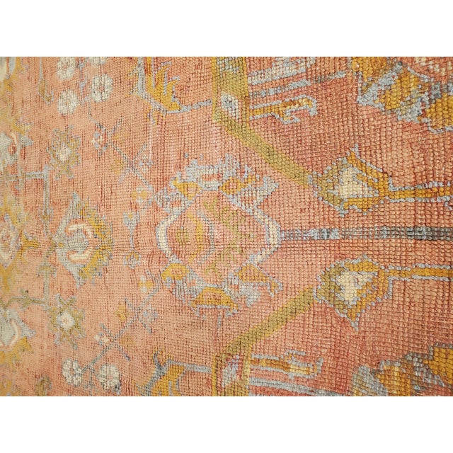 Late 19th Century Antique Oushak Carpet, Oriental Rug, Handmade Rug Saffron, Light Blue and Coral For Sale - Image 5 of 18