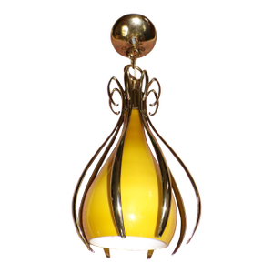 Vintage Mid Century Modern Amber Murano Glass Teardrop Pendant Light Brass Cage