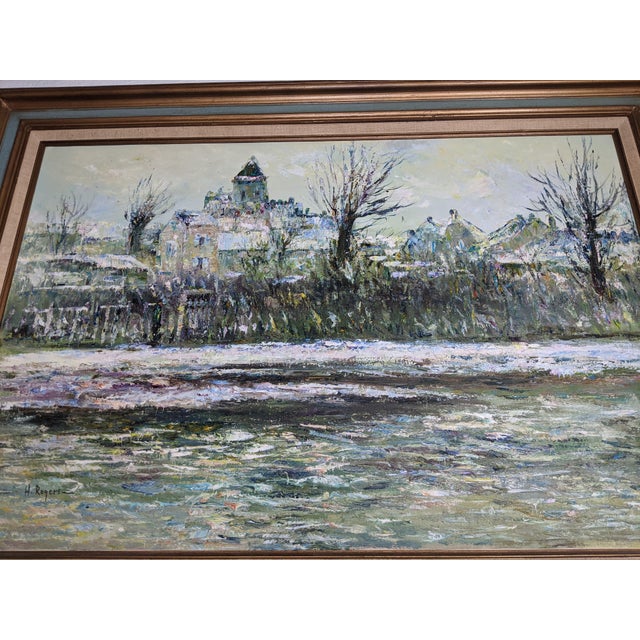 Green Late 20th Century Large H. Rogers Impressionist Winter Landscape Oil Painting Framed 43x31 in Style of Claude Monet For Sale - Image 8 of 14