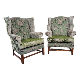 Late 20th Century Green & Taupe Velvet Wingback Lounge Chairs – A Pair For Sale