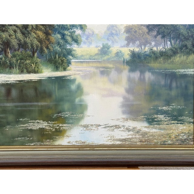 Textile Peaceful Misty Riverside in the English Countryside with Cows & Tree Reflections Circa 1990 For Sale - Image 7 of 17