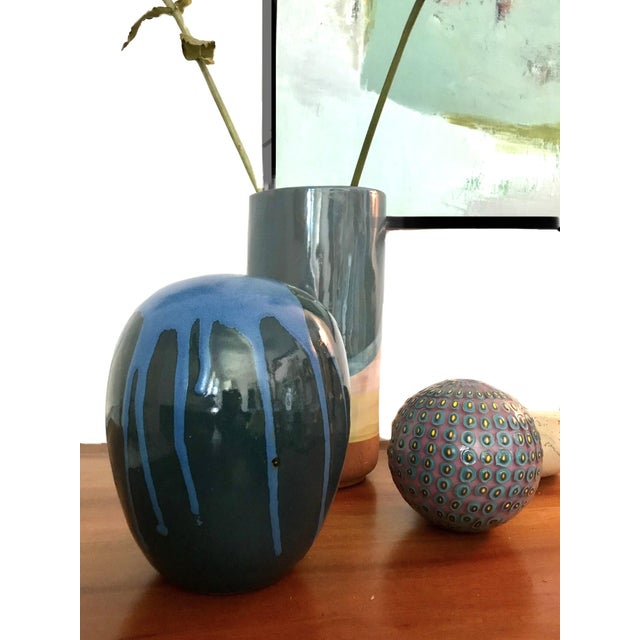a modernist ceramic art studio pottery blue green drip vase this handmade vessel is made of stoneware clay with a...