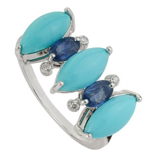 18k White Gold 3.31ct Turquoise, Blue Sapphire & Diamond Georgian Revival Ring Size 6 For Sale