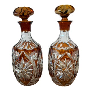 Pair Vintage Bohemian Czech Amber Cut to Clear Decanters For Sale