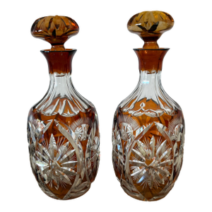 Pair Vintage Bohemian Czech Amber Cut to Clear Decanters
