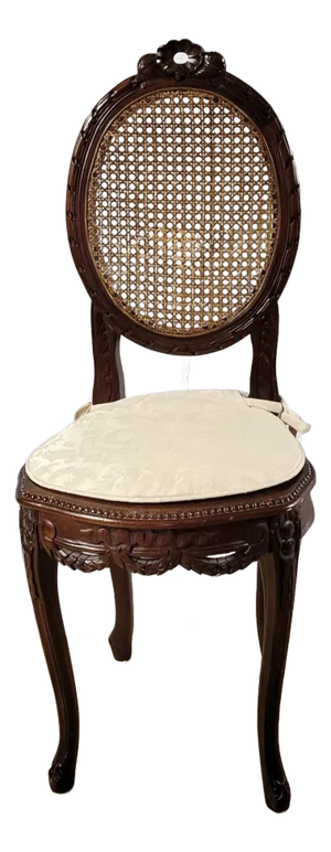 French Louis XV Style Hand-Carved Walnut & Cane Vanity Chair