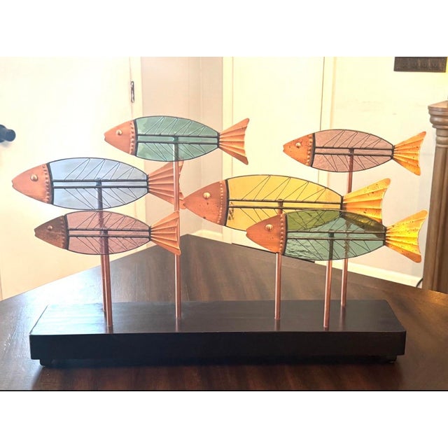 Mid-Century Modern Vintage Leaded Slag Glass and Copper School of Fish Sculpture Styled Alter Curtis Jere For Sale - Image 3 of 10