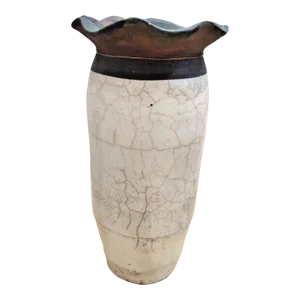 Vintage Mid Century Studio Art Raku Signed Es White Crackle Glaze + Graphite Studio Pottery Tall Vase Ruffled Top