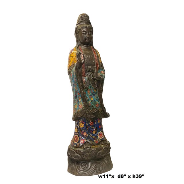 This is a traditional oriental Chinese Standing Kwan Yin Bodhisattva Avalokitesvara Buddha statue made of metal and...