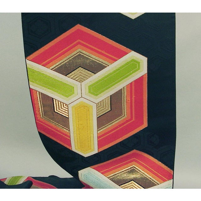 1920s Viintage Silk Japanese Obi, Wildly Colorful Hexagons on Black For Sale - Image 5 of 6