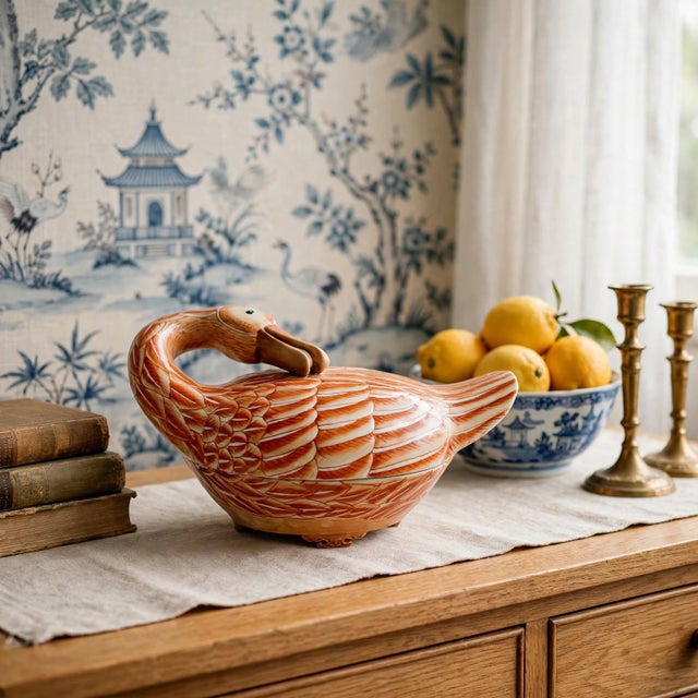 Stunning and large Chinese export Famille Rose ceramic tureen in the form of a beautiful goose with elongated neck. She...