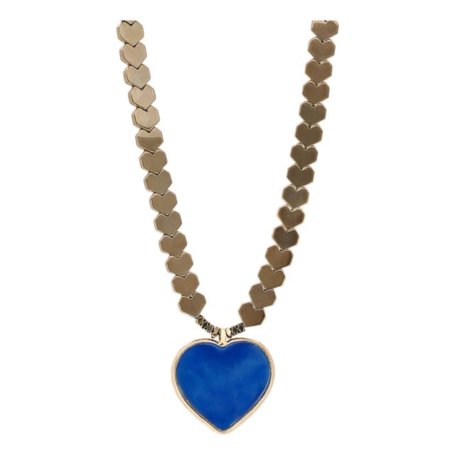 Murano Glass Blue Heart Pendant Gold Hematite Happy Necklace For Sale