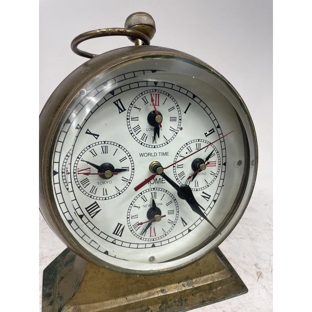 World Time Clock with Five Time Zones in Brass For Sale - Image 10 of 14