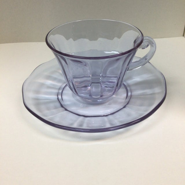 1930s Lafayette Wisteria Glass Cups and Saucers by Fostoria - Set of 9 For Sale - Image 5 of 11