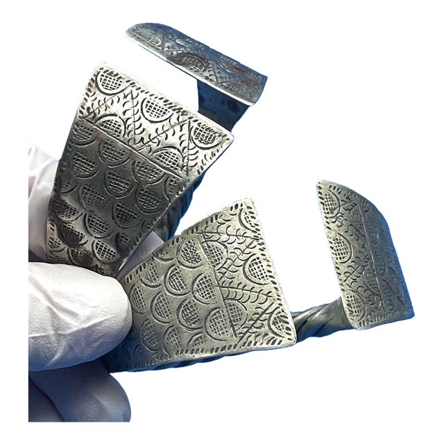 1990s Hmong Hill Tribe Silver Etched Bangle Cuff Bracelet Set, Vintage For Sale
