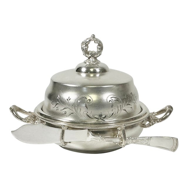 Early 20th C. Antique Hollywood Regency English Style Silverplate Butter Dish & Knife - 4 Piece Set For Sale