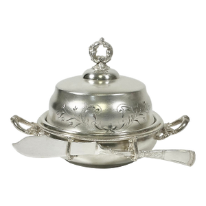 Early 20th C. Antique Hollywood Regency English Style Silverplate Butter Dish & Knife - 4 Piece Set