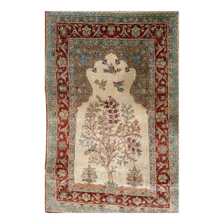 Vintage Turkish Silk Kayseri Rug, Handwoven Tree of Life Design, Ivory & Red, 3' x 5' For Sale