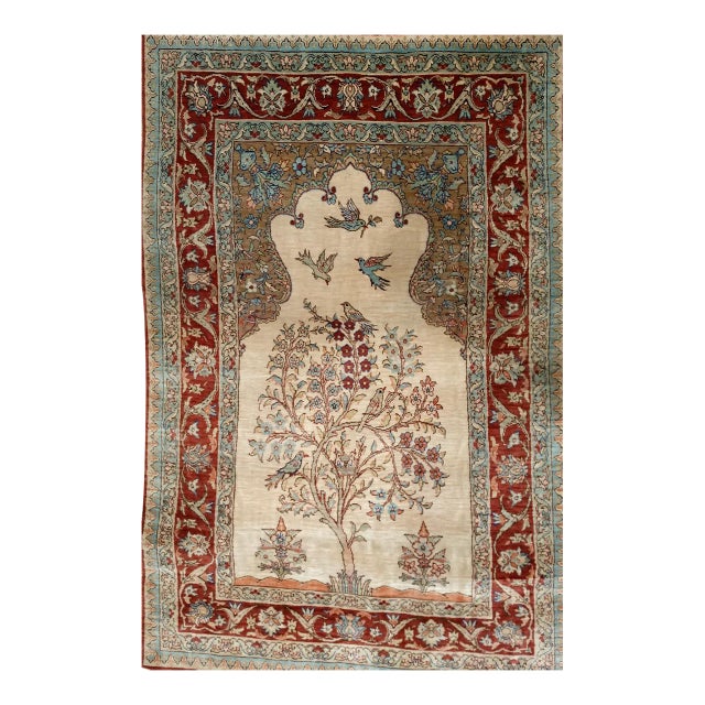 Vintage Turkish Silk Kayseri Rug, Handwoven Tree of Life Design, Ivory & Red, 3' x 5' For Sale