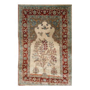 Vintage Turkish Silk Kayseri Rug, Handwoven Tree of Life Design, Ivory & Red, 3' x 5'