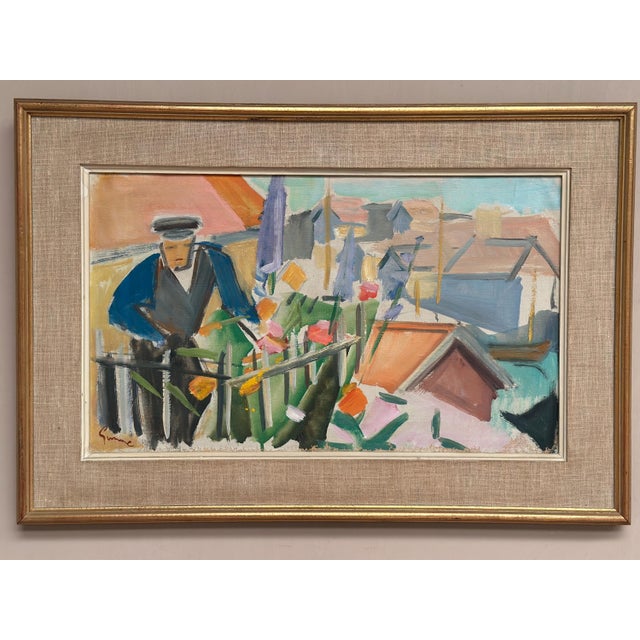 Carl Gunne, Figure by a Fence with Flowers, 1950s, Oil Painting on Canvas, Framed For Sale - Image 13 of 18