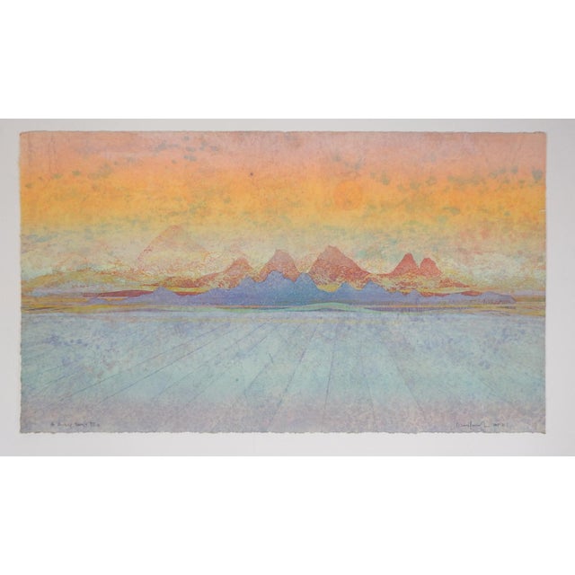 1985 collograph print on paper abstract sunset landscape by Walter Crump (20th, 21st century) Massachusetts. Signed, dated...
