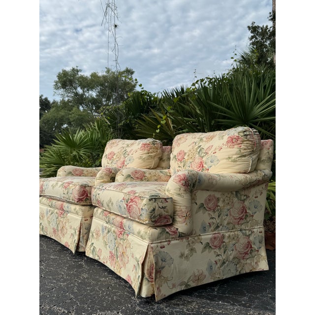 Textile Pair of Thomasville Floral Overstuffed Lounge Chairs For Sale - Image 7 of 12