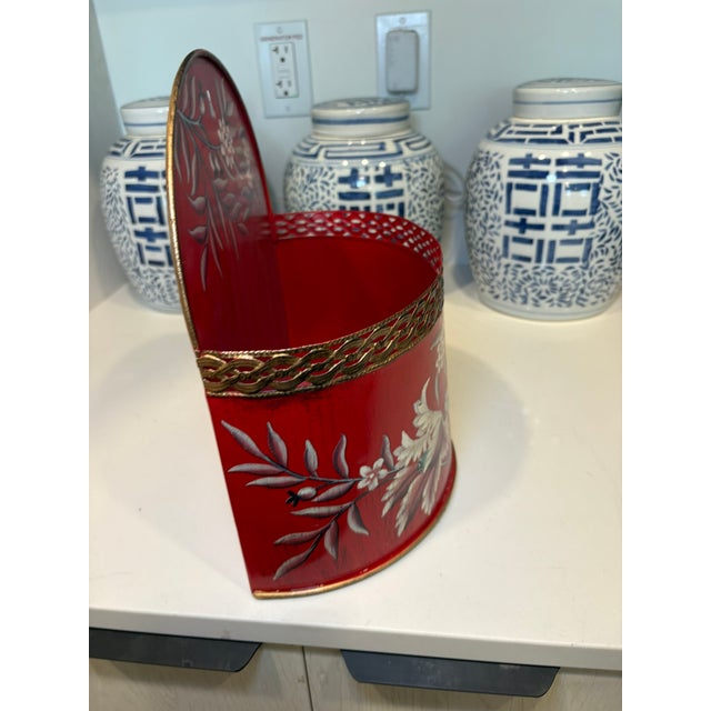 Vintage Hand Painted Red Tole Floral Wall Pocket Planter Mailbox For Sale - Image 9 of 11
