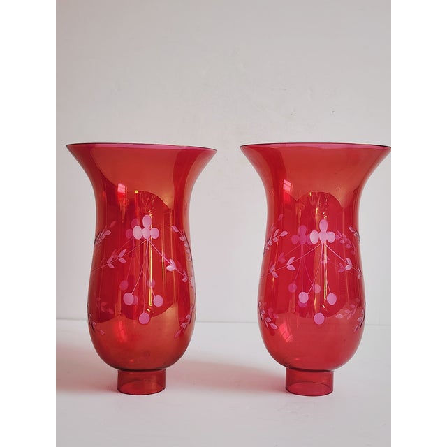 1980s Cranberry Glass Uricane Lamp Shades-a Pair For Sale - Image 5 of 12
