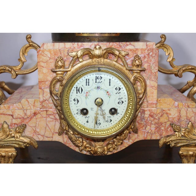 Antique Clock Garniture Rare French 1896 "Amour Irresistible" Angel Statue Pink Marble 3-Piece Mantel Set For Sale - Image 9 of 17