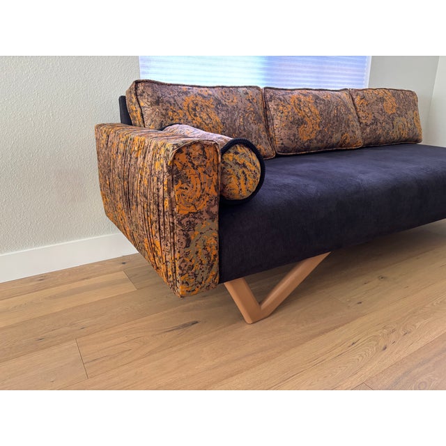 Mid-Century Modern 1960's MCM Sofa - Reupholstered in a Luxuriously Soft Black Chenille and a Burnt Orange/Tan/Brown Paisley Cotton Fabric For Sale - Image 3 of 11