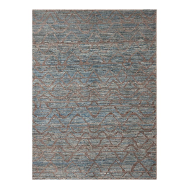Nazmiyal Collection Blue and Brown Abstract Wavy Modern Rug For Sale