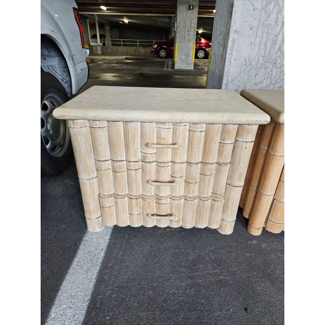 Modern 1980s Vintage Bamboo Nightstands With Travertine Tops - a Pair For Sale - Image 3 of 12