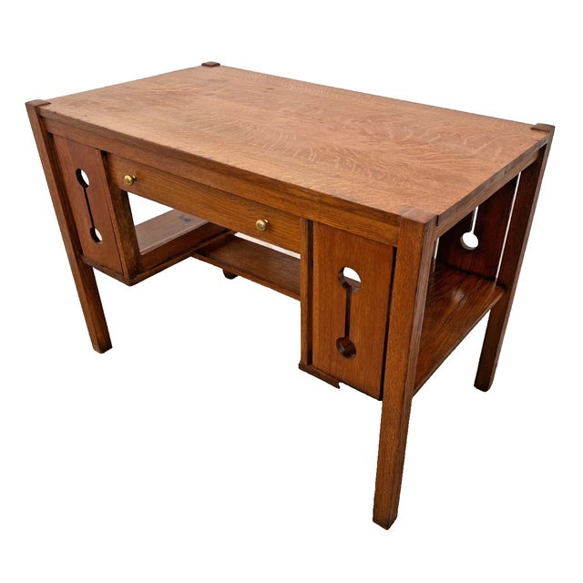 Gorgeous Antique Mission Arts and Crafts Library Desk, Drawer, Quarter sawed Tiger Oak, Bottom and side Shelves 30" Tall x...