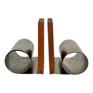 Mid-Century Modern Rolled Metal and Wood Bookends For Sale