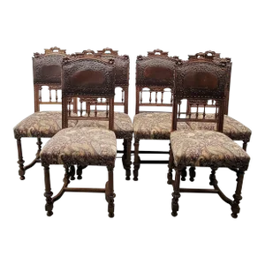 19th Century Belgian Baroque Carved Walnut and Leather Dining Chairs - Set of 6