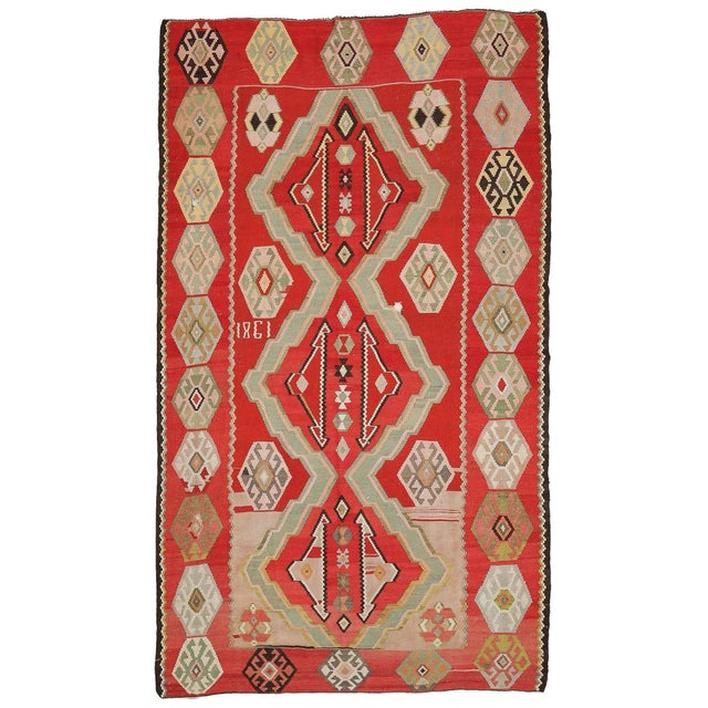 Textile Mid 20th Century Vintage Red Turkish Large Kilim Rug For Sale - Image 7 of 7