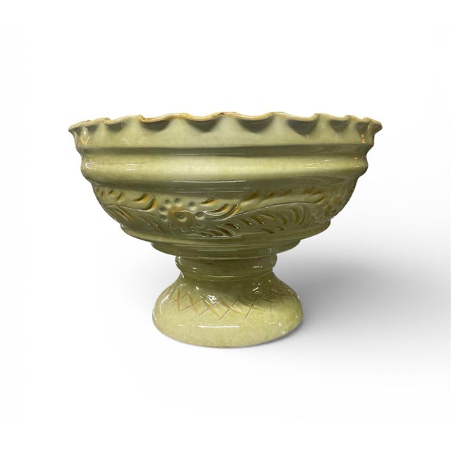 French Vintage-Style Scalloped Celadon Pedestal Bowl – 11" Textured Ceramic Compote For Sale - Image 3 of 9