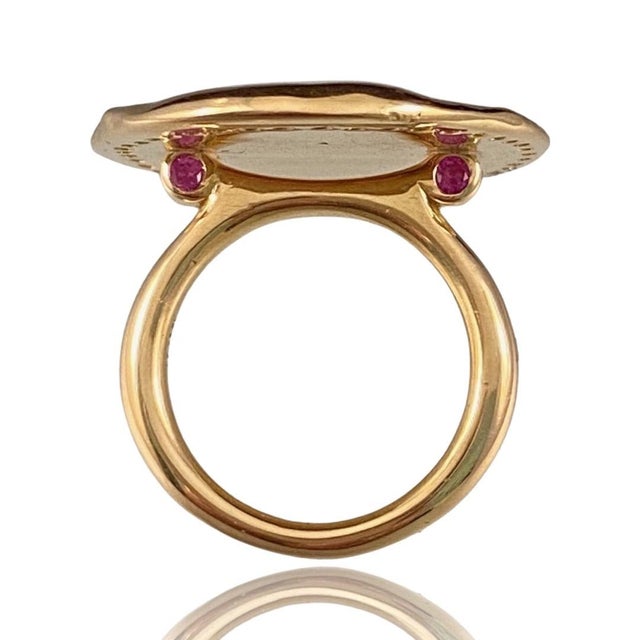 Mediterranean 18k Gold Vintage Wax Seal Ring With Rubies and Diamonds : Angel Heart, Size 6 For Sale - Image 3 of 6
