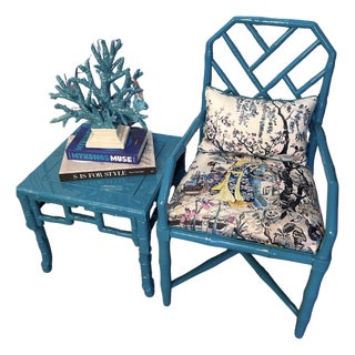 Mid 20th Century High-Gloss Peacock Blue Faux Bamboo Rosewood Chair & Coordinating Side Table For Sale