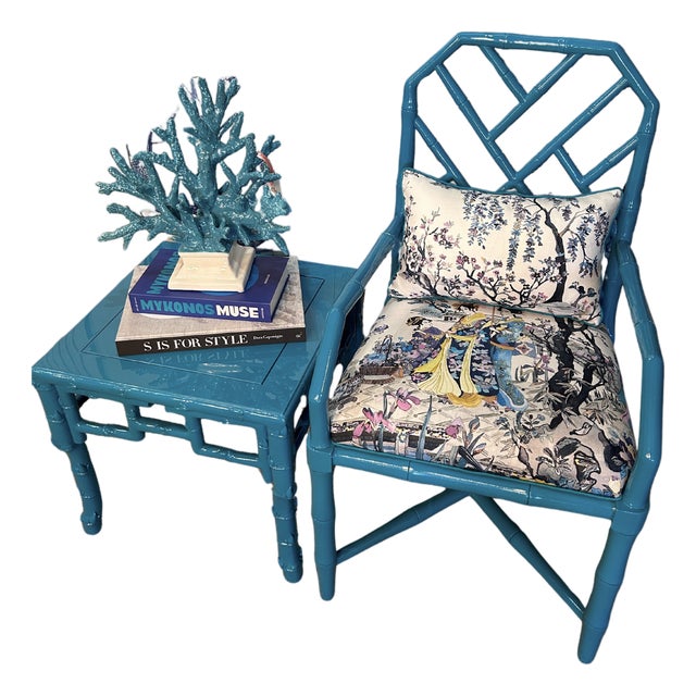 Mid 20th Century High-Gloss Peacock Blue Faux Bamboo Rosewood Chair & Coordinating Side Table For Sale