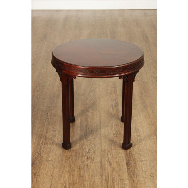 High Quality American Made Vintage Round Flame Mahogany Top End Table With Fretwork Carving And Marlborough Legs